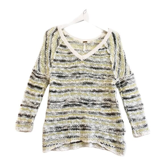 Free people marled Songbird V neck sweater in white/gray/yellow/aqua.size XS - Picture 2 of 9